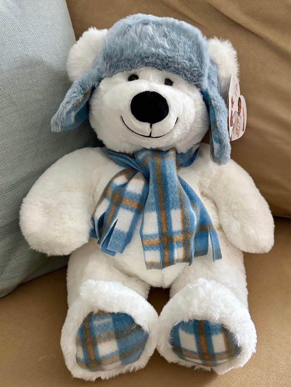 St Jude’s 16” White Polar Bear Plush Blake Blue Plaid Winter Scarf Hat Christmas